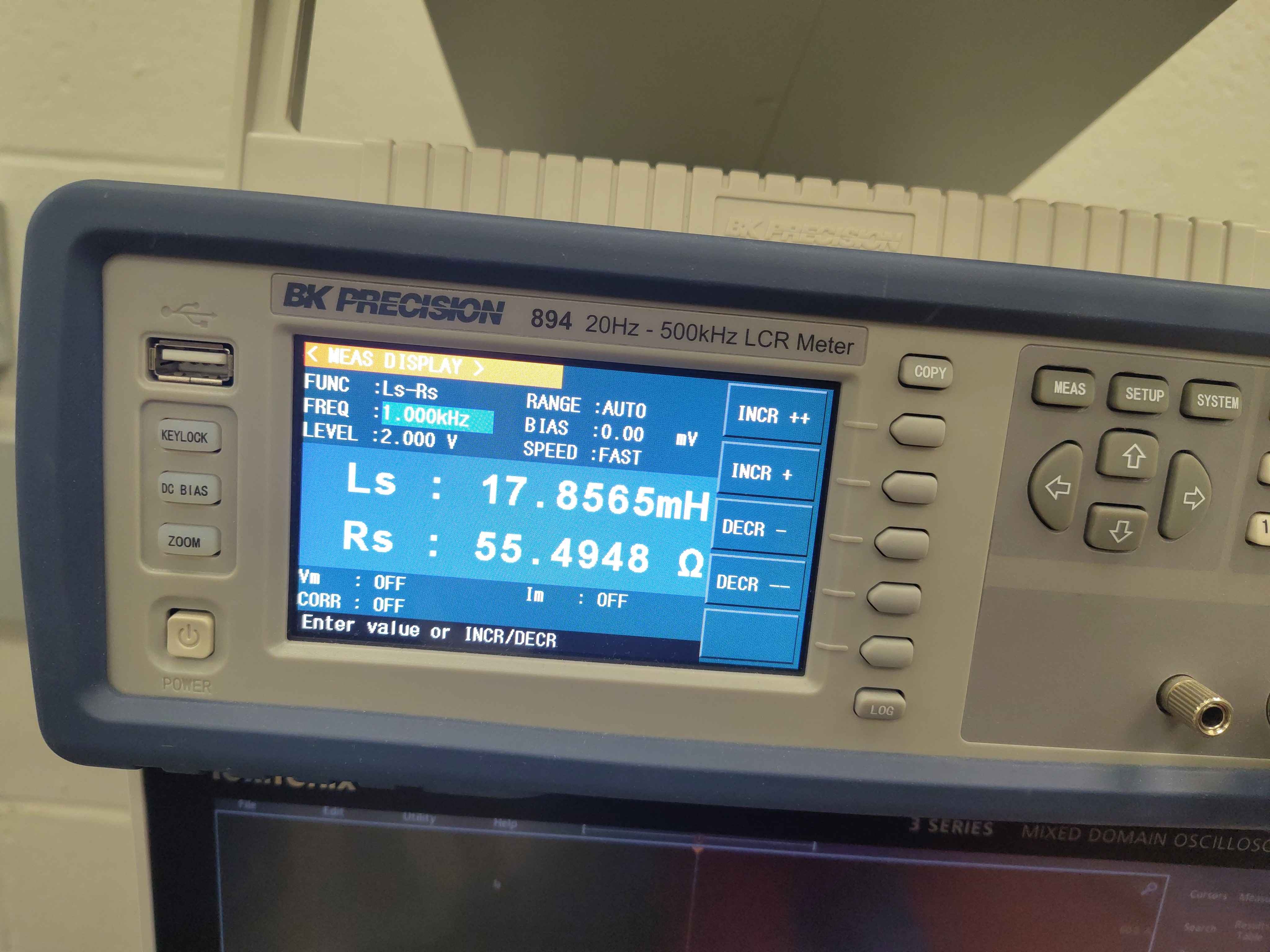 LCR meter Ls-Rs reading: Ls = 17.8565 mH, Rs = 55.4948 Ω