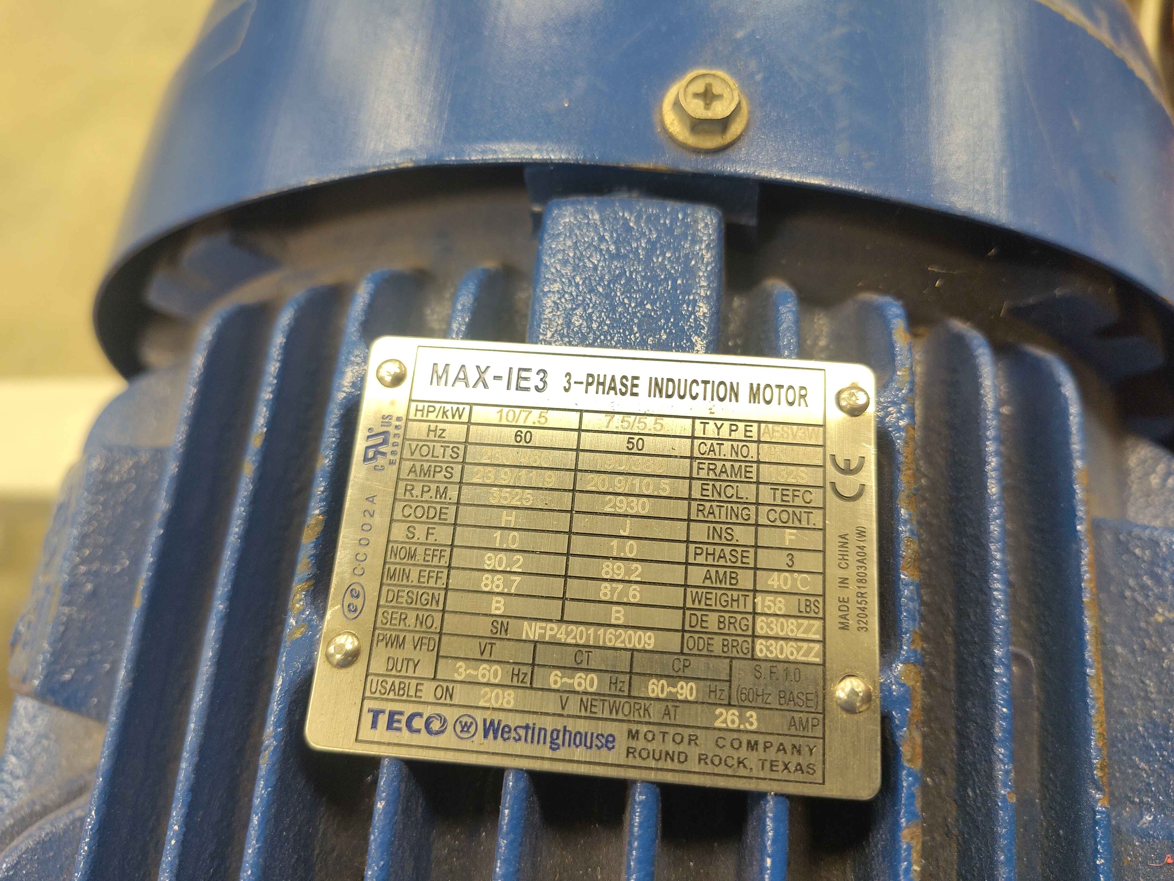 TECO MAX-IE3 nameplate